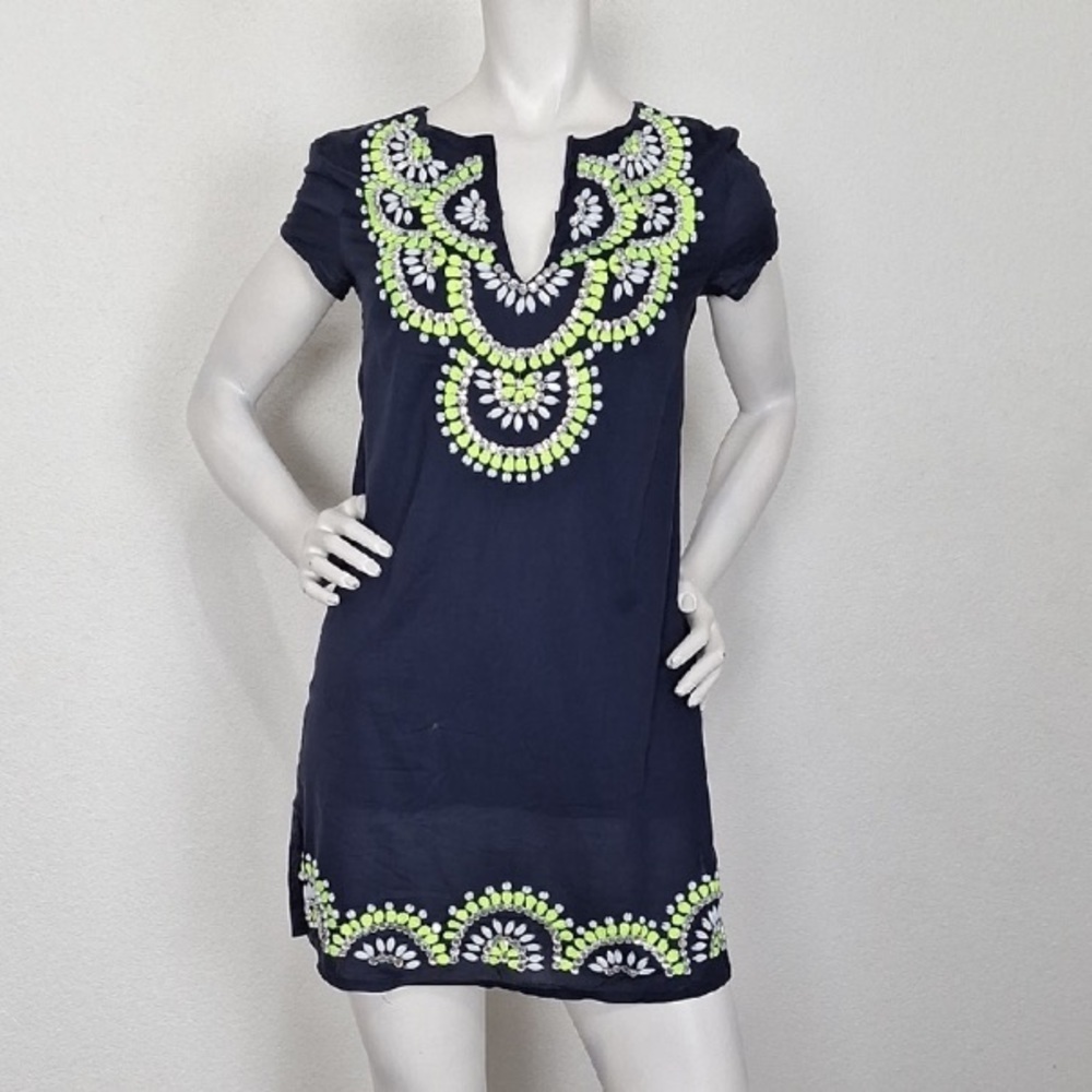 Miami Navy Blue Notch Neck Coastal Boho Embroidered Shift Mini Dress Size S